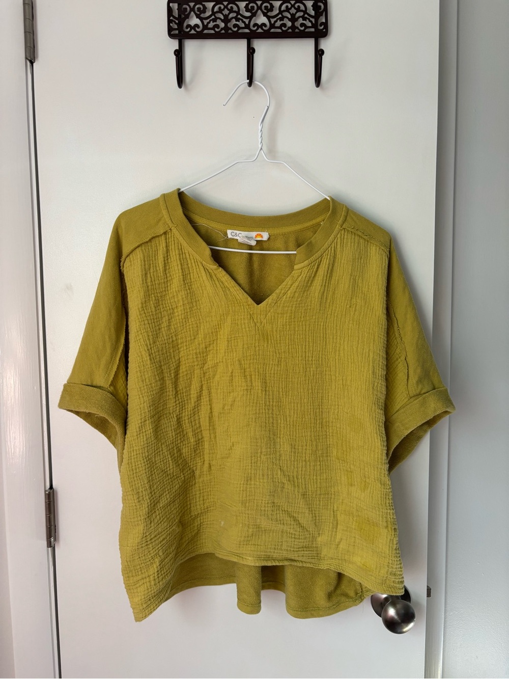 100% Cotton C&C California Chartreuse Olive Gauze Terry Cloth Boho V-Neck Top